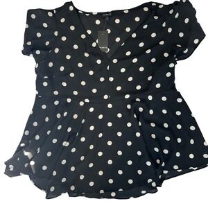 Torrid Blouse 1X Black White Polka Dot Flutter Sleeve Peplum Top V Neck NWT